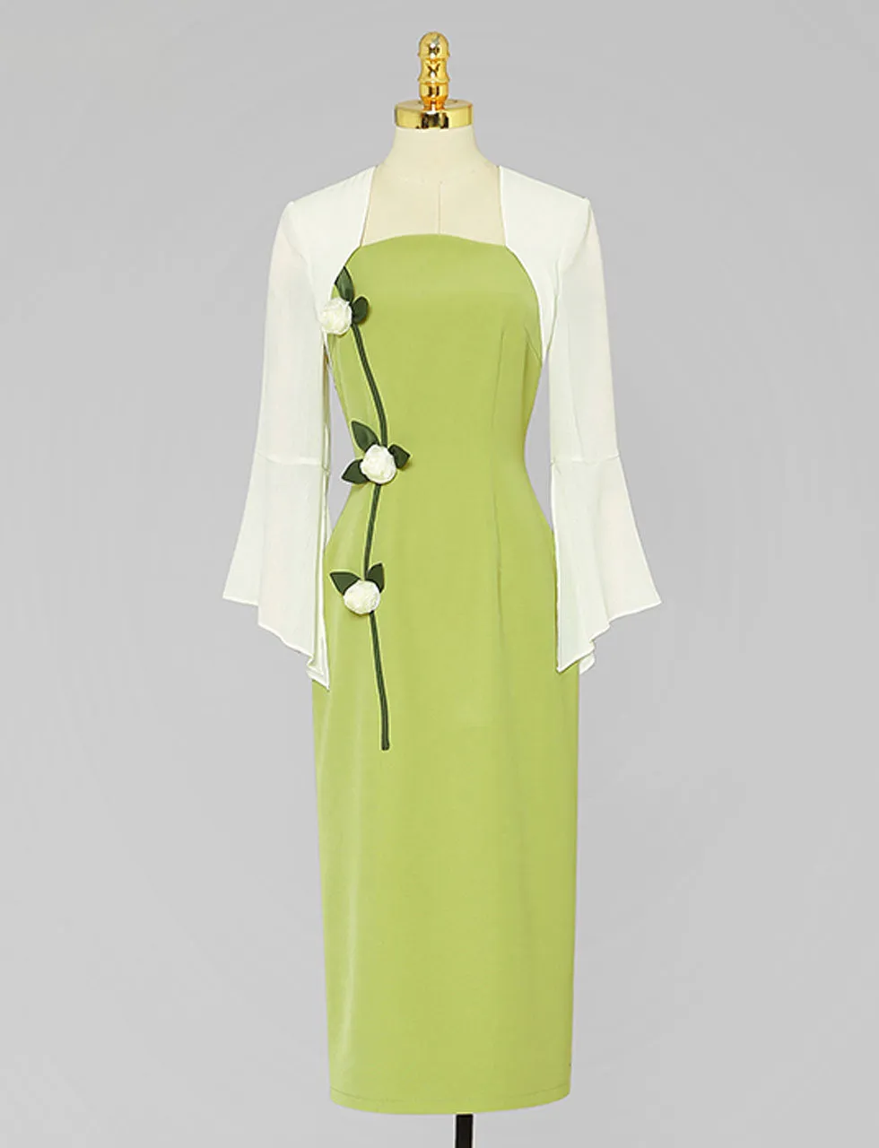Green Square Collar Cape Sleeve Flower 1940S Vintage Dress