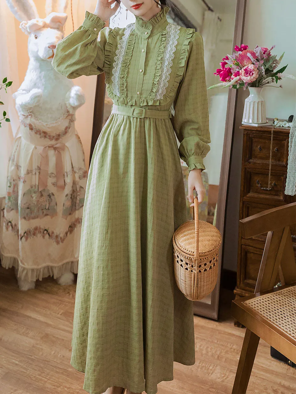 Green Stand Collar  Lace Ruffles Audrey Hepburn 1950S Dress