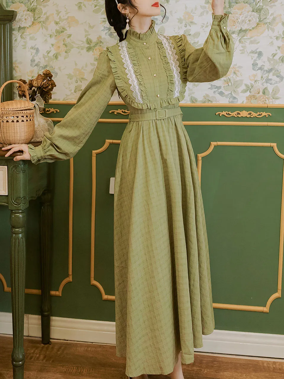 Green Stand Collar  Lace Ruffles Audrey Hepburn 1950S Dress