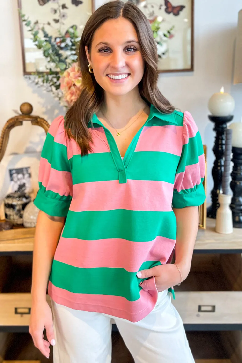 Green Stripe Collar Split Neck Button Short Puff Sleeve Blouse