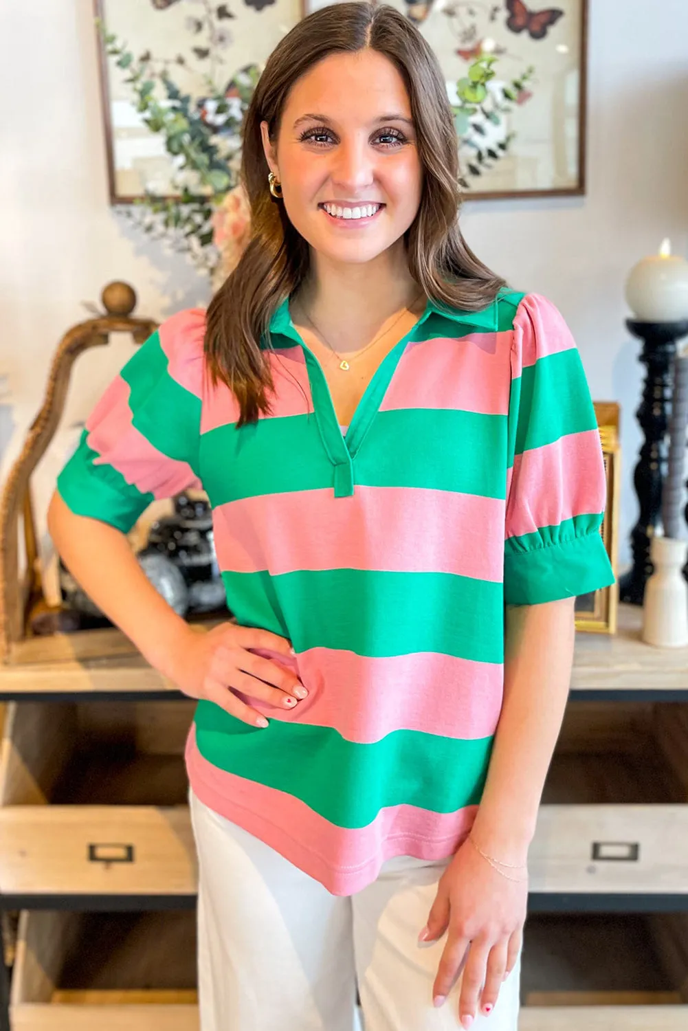 Green Stripe Collar Split Neck Button Short Puff Sleeve Blouse