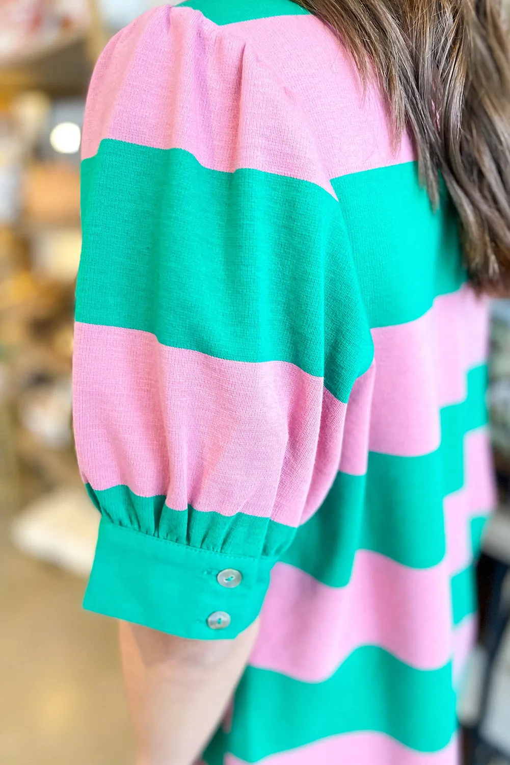 Green Stripe Collar Split Neck Button Short Puff Sleeve Blouse