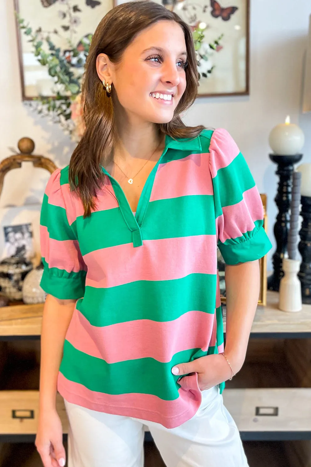 Green Stripe Collar Split Neck Button Short Puff Sleeve Blouse