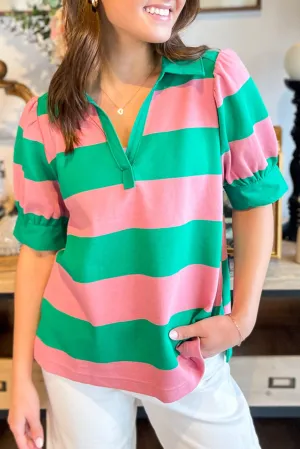 Green Stripe Collar Split Neck Button Short Puff Sleeve Blouse