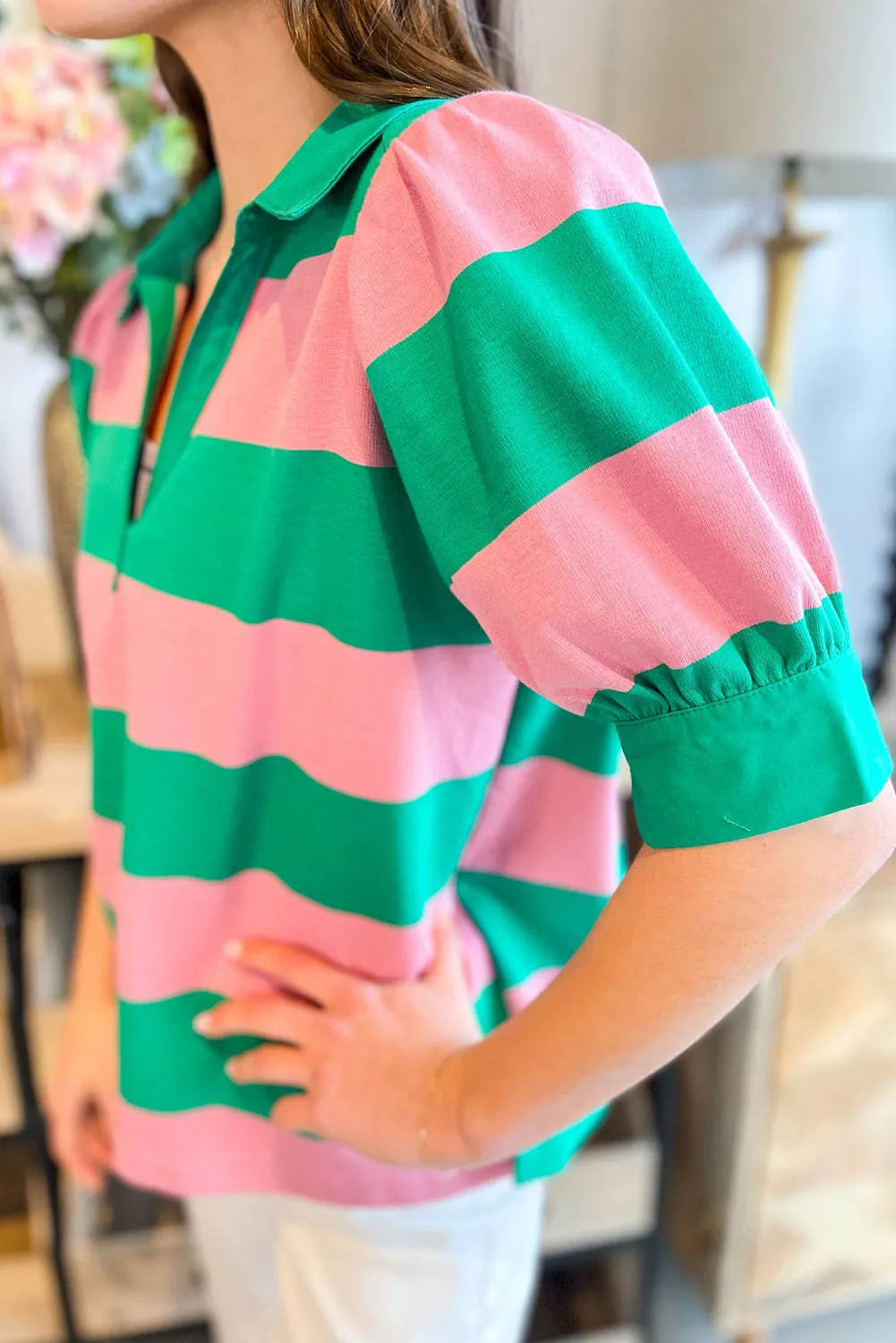 Green Stripe Collar Split Neck Button Short Puff Sleeve Blouse