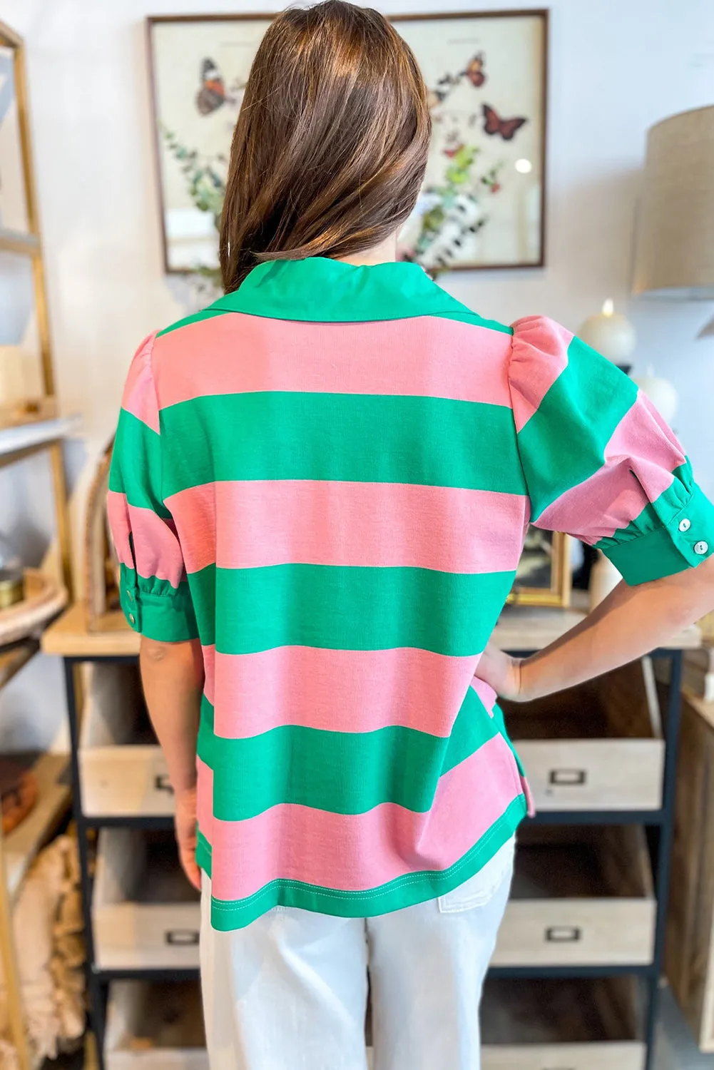 Green Stripe Collar Split Neck Button Short Puff Sleeve Blouse