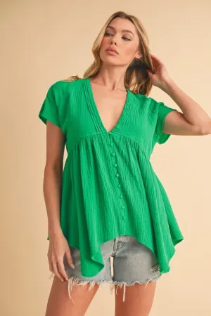 Green Tuck Detail V-Neck Short Sleeve Blouse