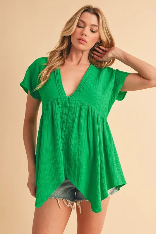 Green Tuck Detail V-Neck Short Sleeve Blouse