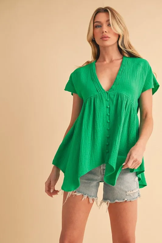 Green Tuck Detail V-Neck Short Sleeve Blouse