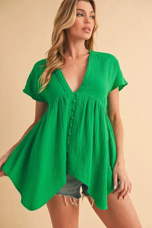 Green Tuck Detail V-Neck Short Sleeve Blouse