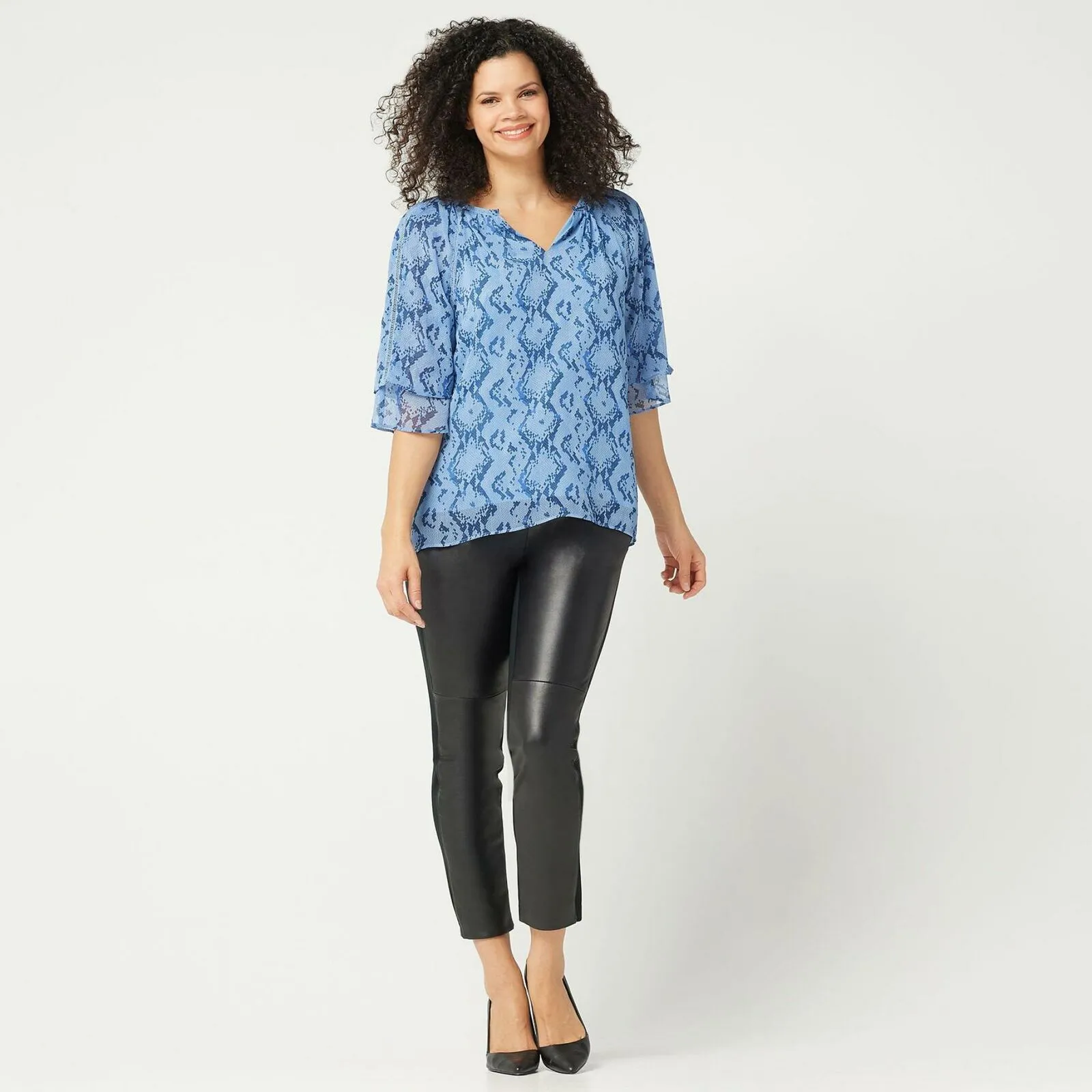 H by Halston Women's 3/4-Sleeve Split Neck Blouse With Ladder Stitch