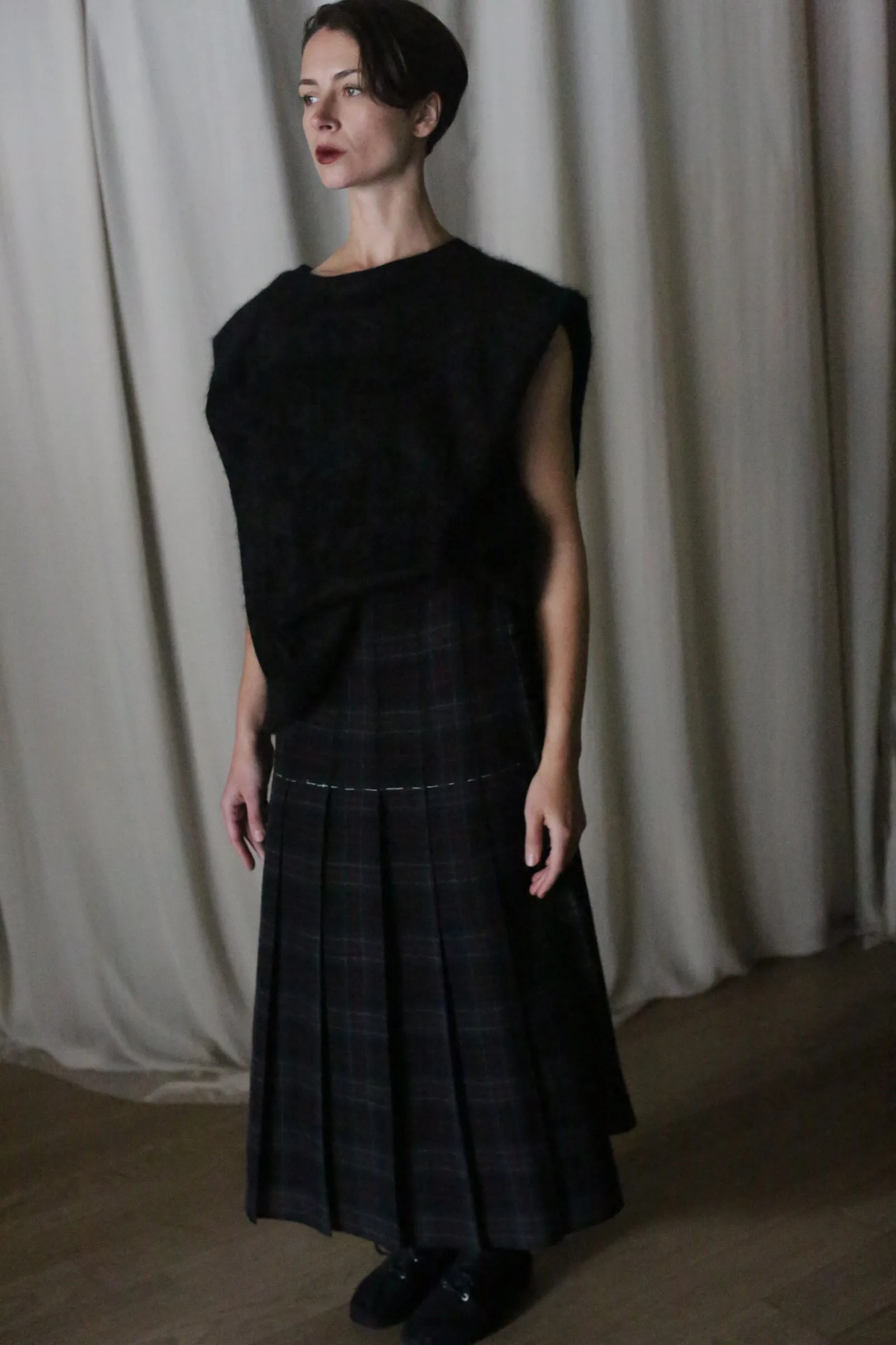 Hand Pleated Wrap Skirt | Japanese Wool Gauze Forest Plaid