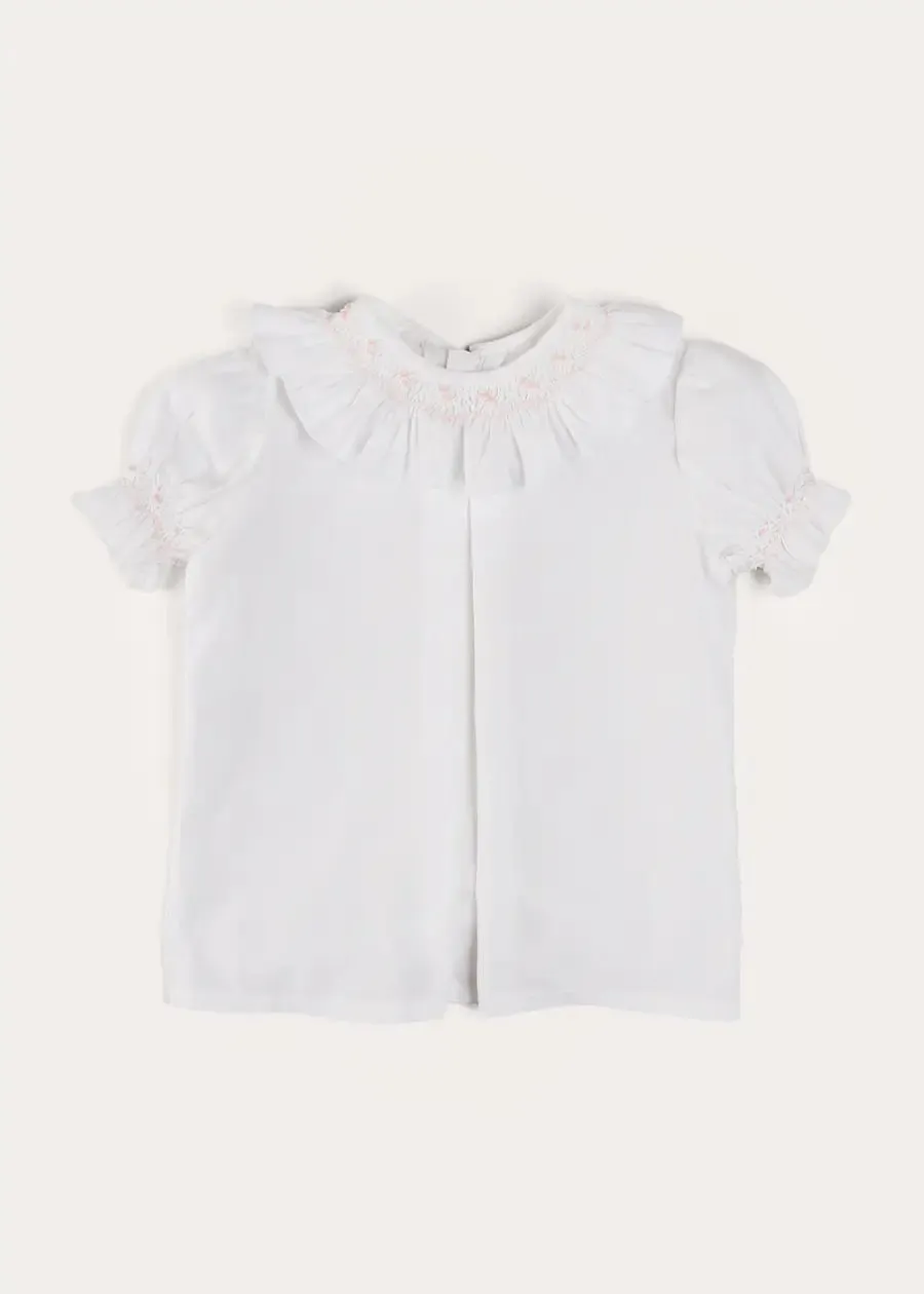 Hand Smocked Collar Short Sleeve Blouse in White (18mths-6yrs)