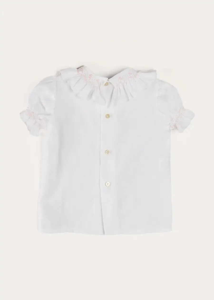 Hand Smocked Collar Short Sleeve Blouse in White (18mths-6yrs)