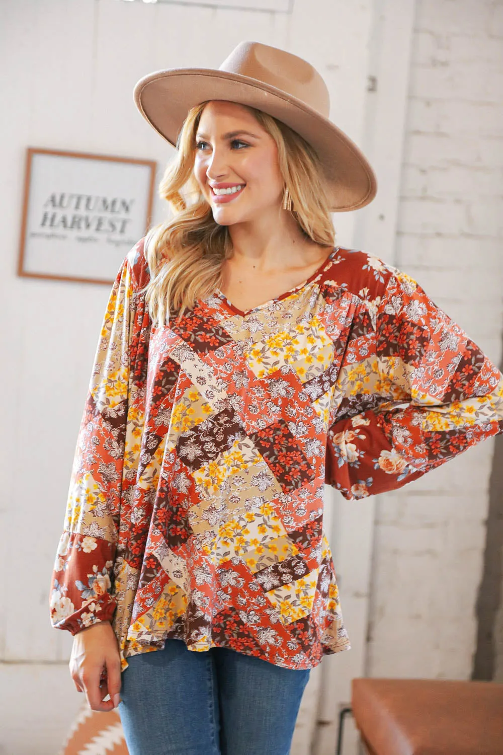 Harvest Floral Patchwork V Neck Knit Blouse