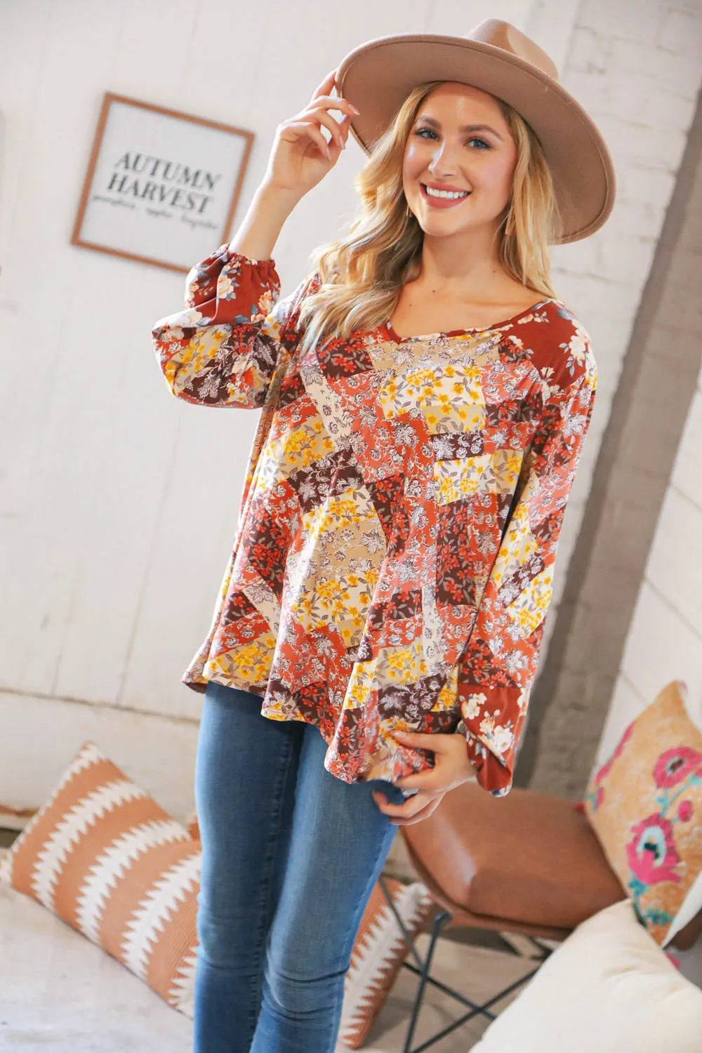 Harvest Floral Patchwork V Neck Knit Blouse