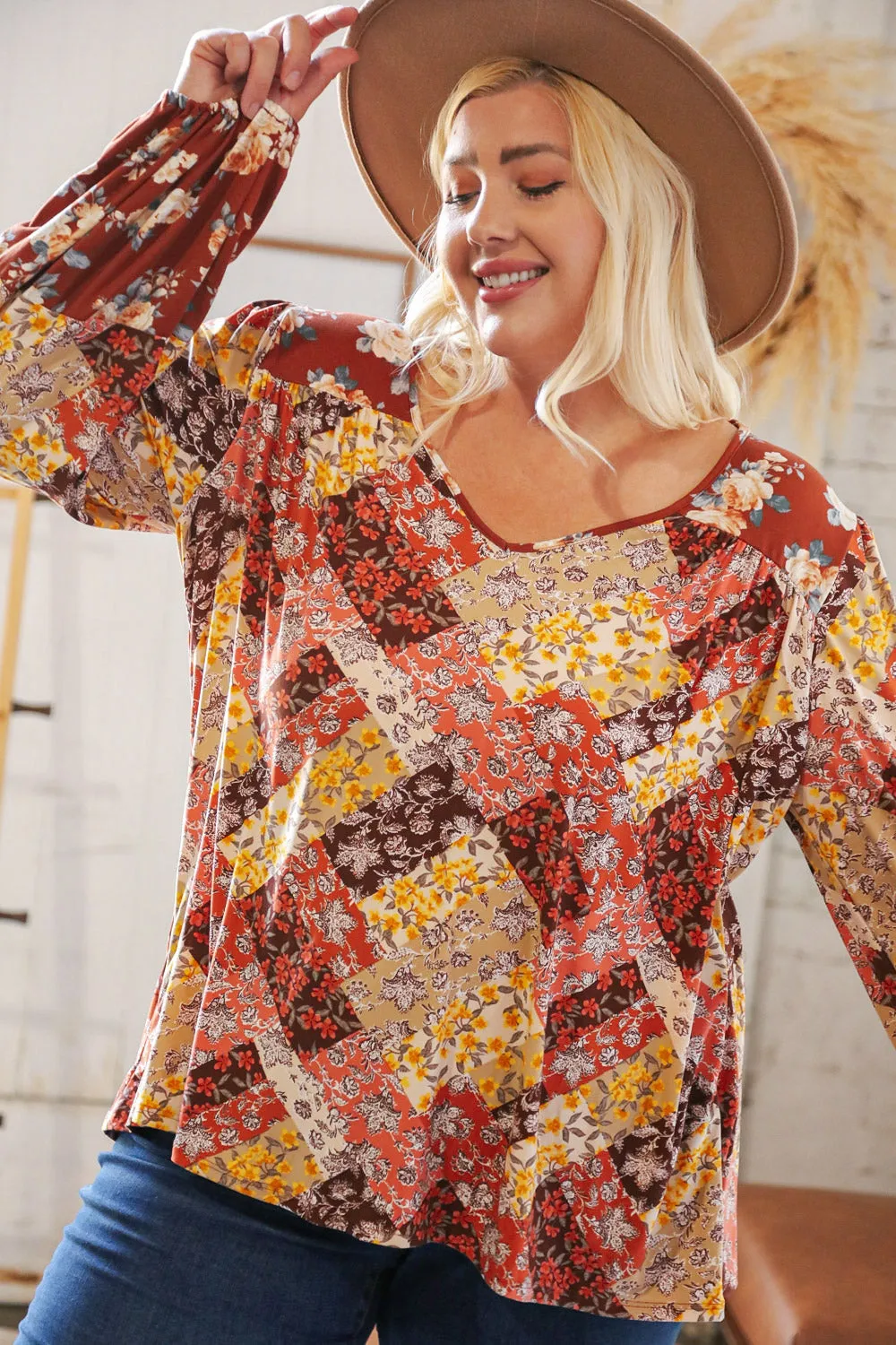 Harvest Floral Patchwork V Neck Knit Blouse