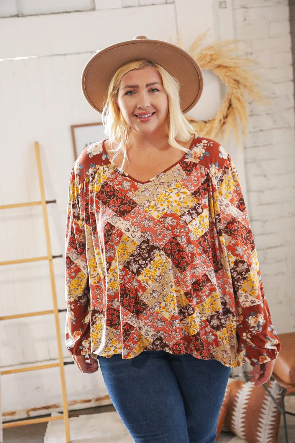 Harvest Floral Patchwork V Neck Knit Blouse