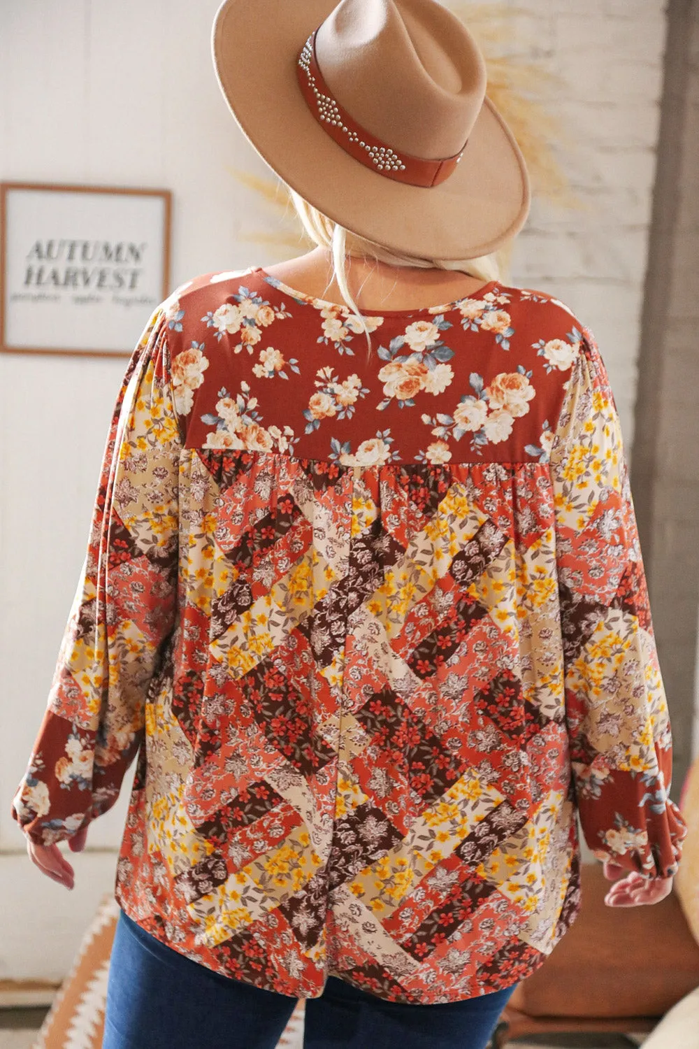 Harvest Floral Patchwork V Neck Knit Blouse