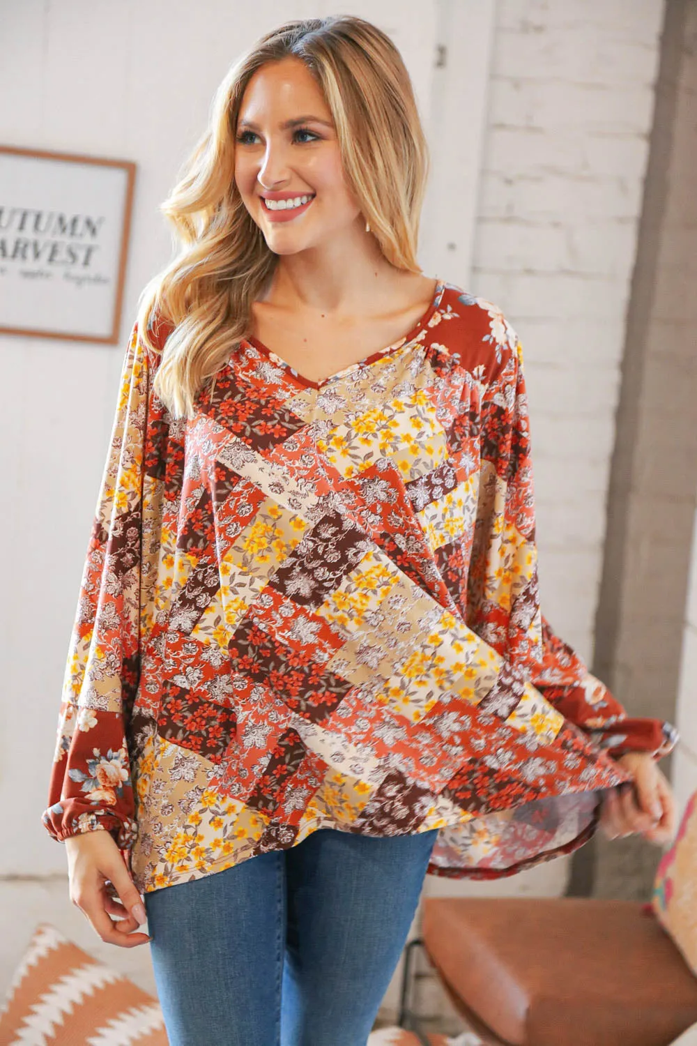 Harvest Floral Patchwork V Neck Knit Blouse