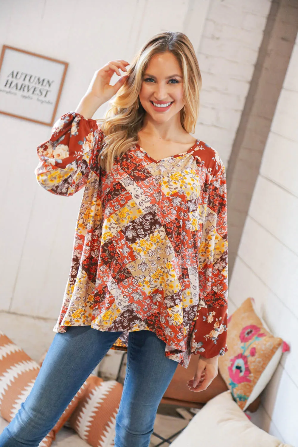 Harvest Floral Patchwork V Neck Knit Blouse