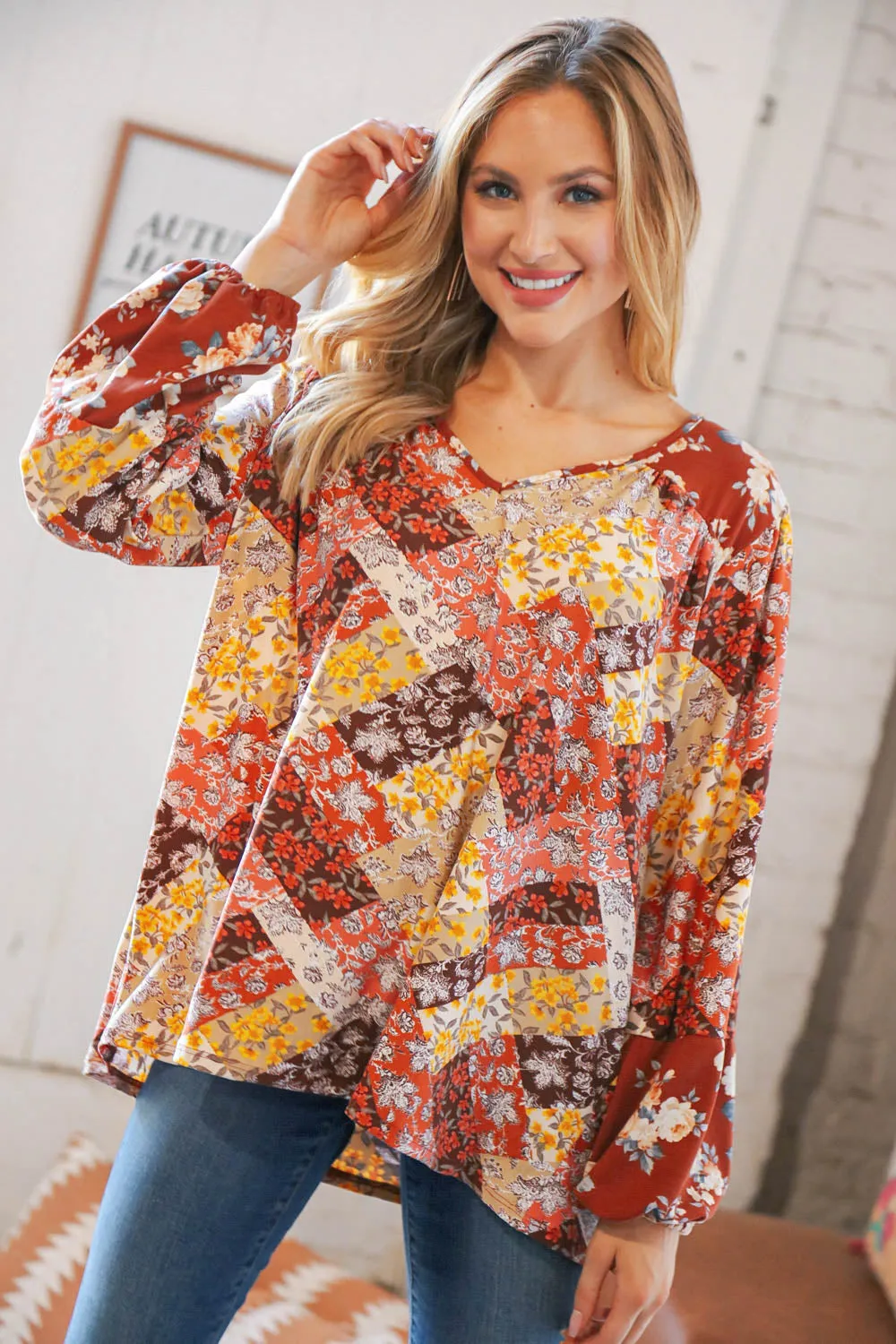 Harvest Floral Patchwork V Neck Knit Blouse