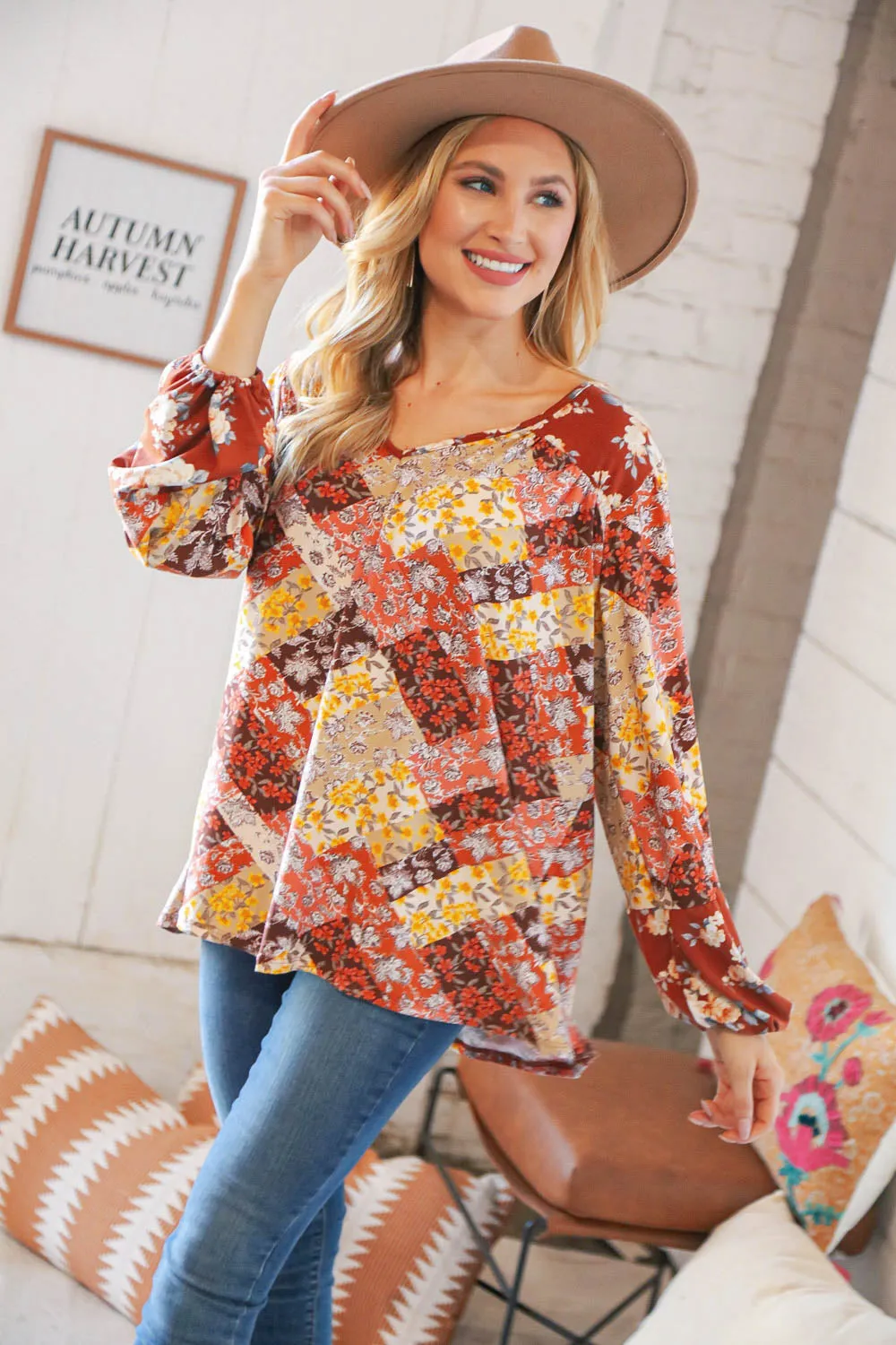 Harvest Floral Patchwork V Neck Knit Blouse