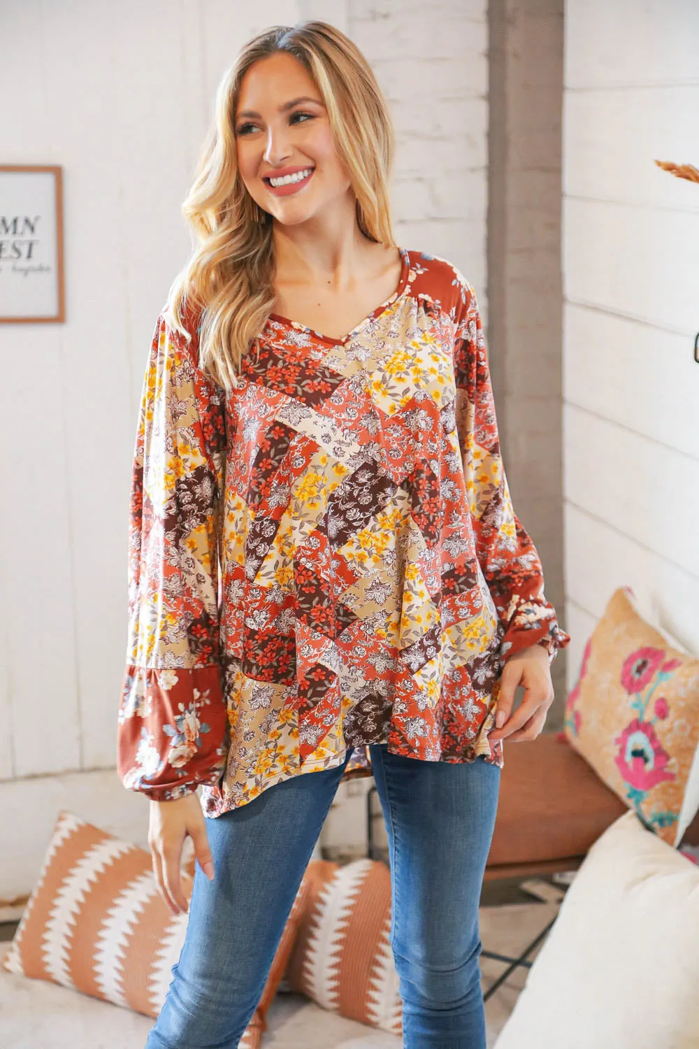 Harvest Floral Patchwork V Neck Knit Blouse