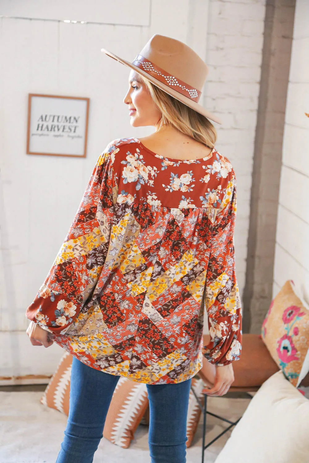 Harvest Floral Patchwork V Neck Knit Blouse