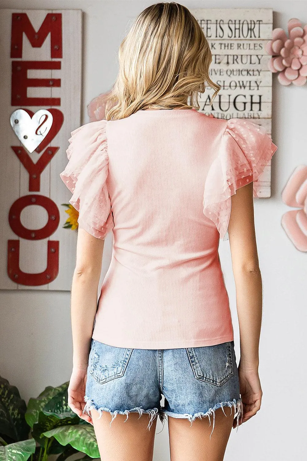Hazel Blues® |  Polka Dot Flutter Sleeve Top