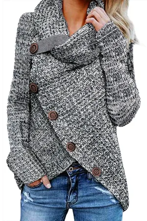 Heather Gray Buttoned Wrap Turtleneck Sweater