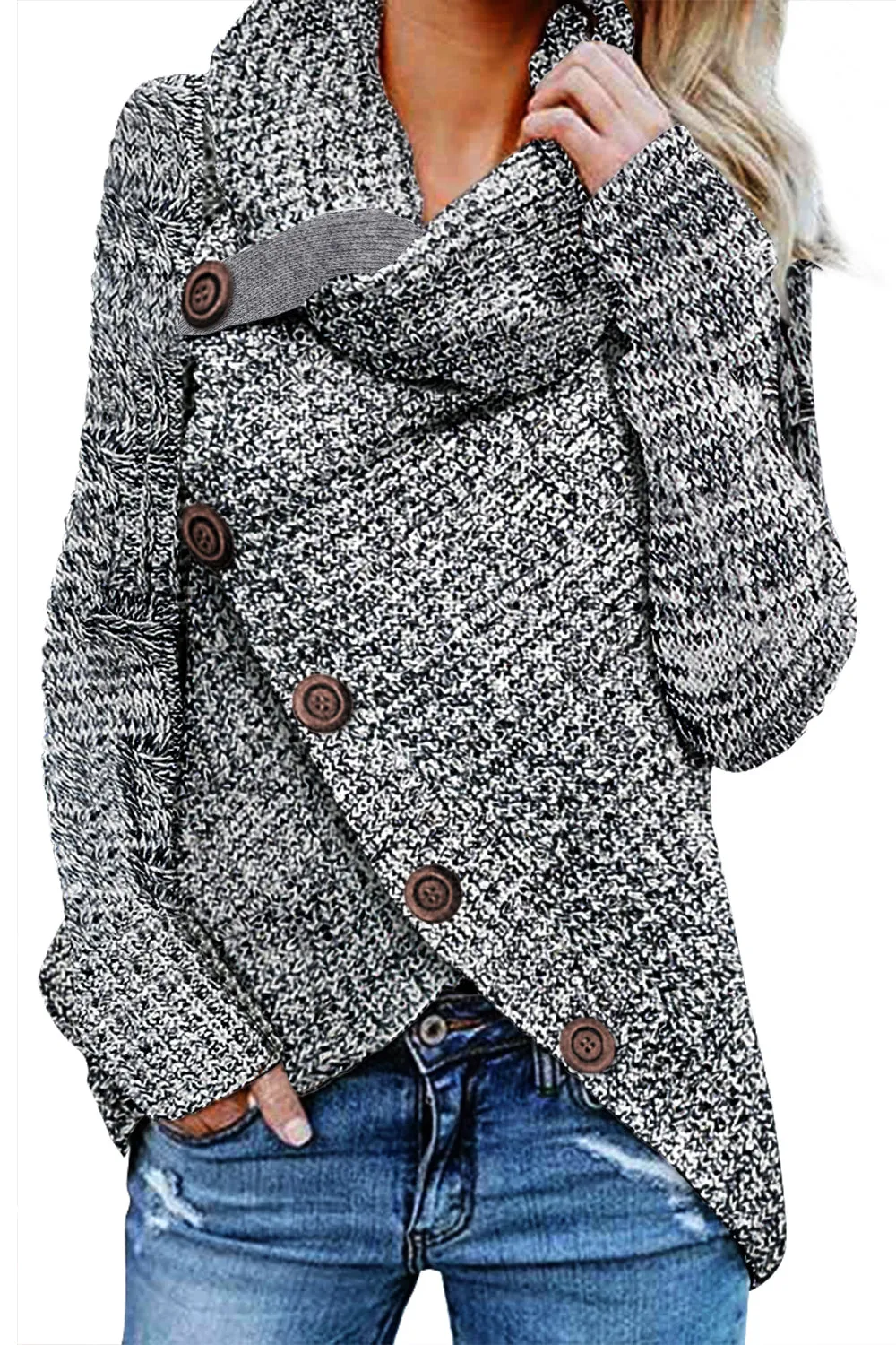 Heather Gray Buttoned Wrap Turtleneck Sweater