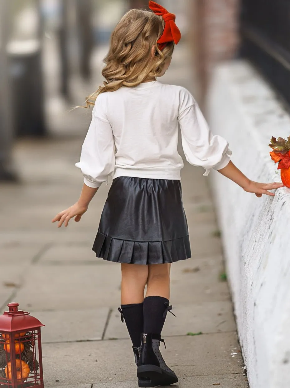 Hello Pumpkin Satin Pleated Skirt Set