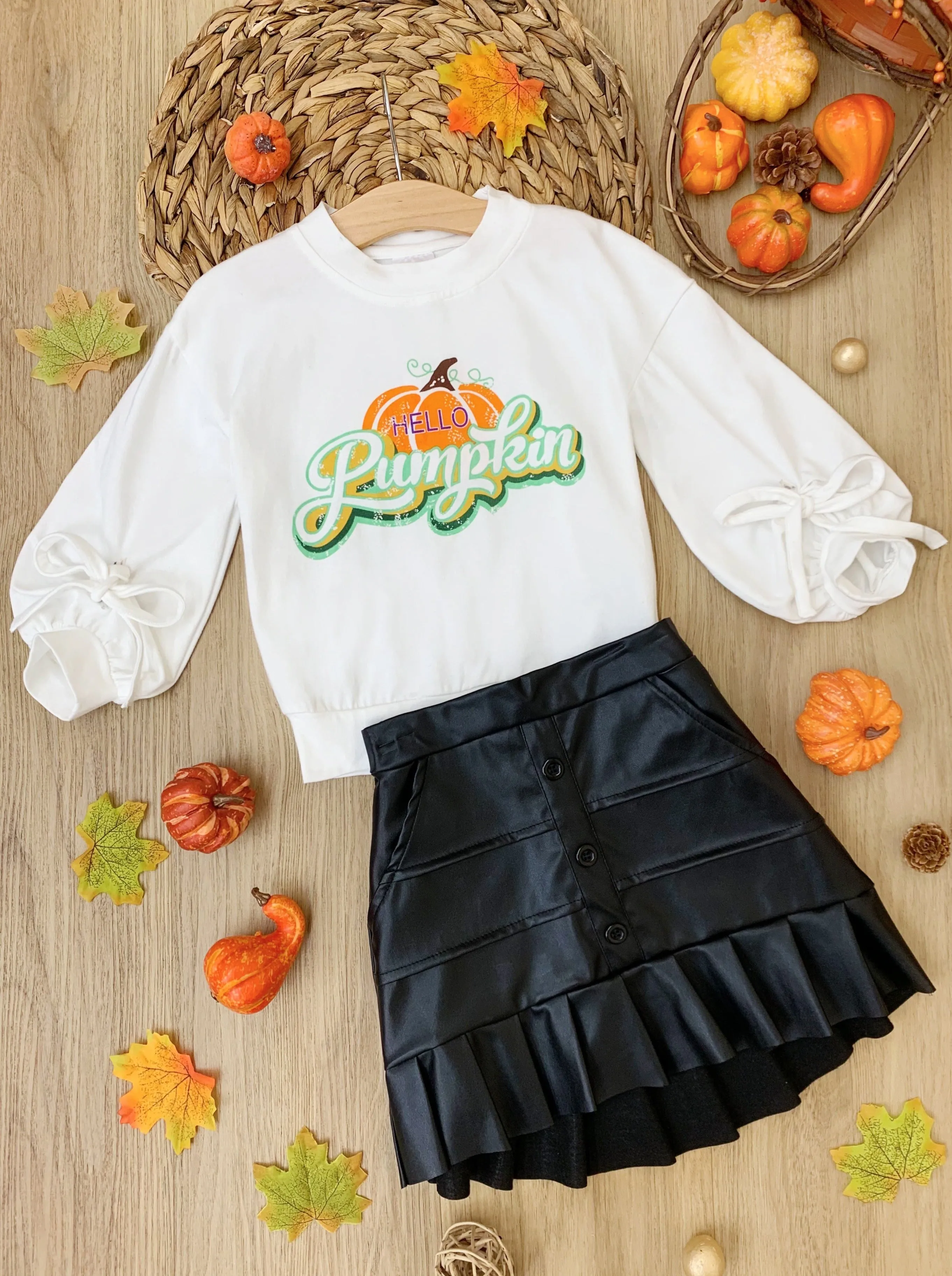 Hello Pumpkin Satin Pleated Skirt Set