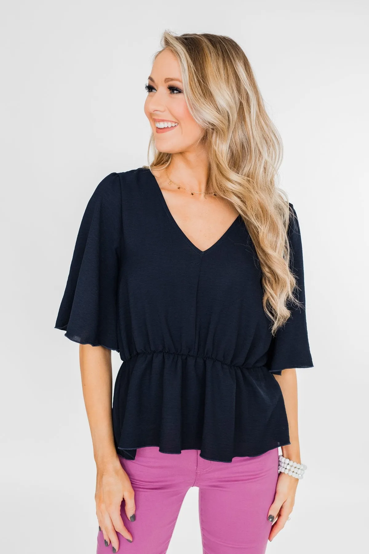 Hold You Tight Cinched Waist Blouse- Navy