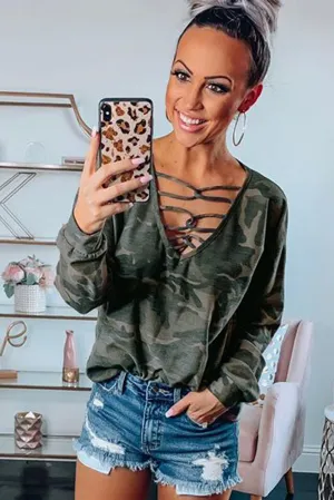 Hollow-out V Neck Camouflage Blouse