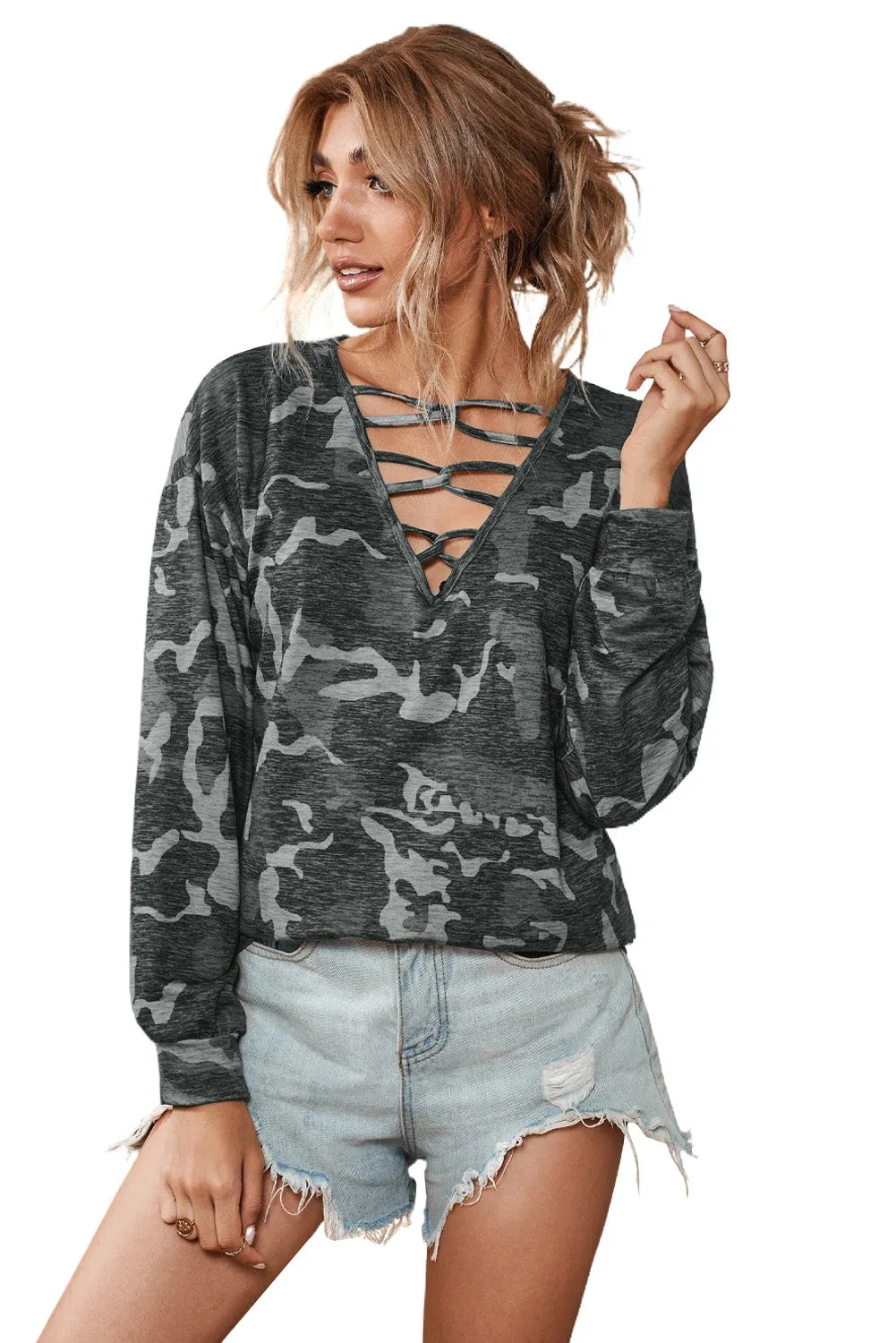 Hollow-out V Neck Camouflage Blouse