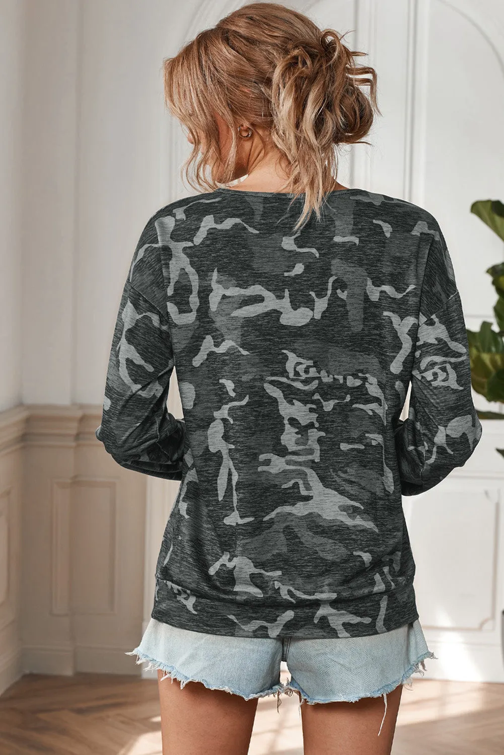 Hollow-out V Neck Camouflage Blouse