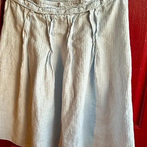 Island Company L pleated sky blue pinstripe linen tie waist shirt with zipper