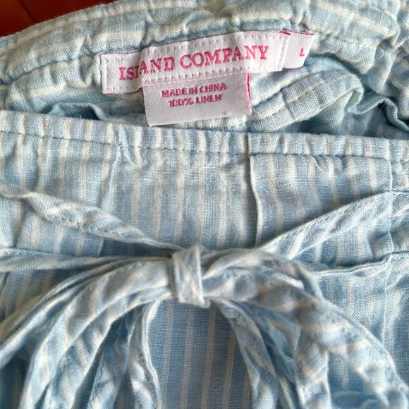 Island Company L pleated sky blue pinstripe linen tie waist shirt with zipper