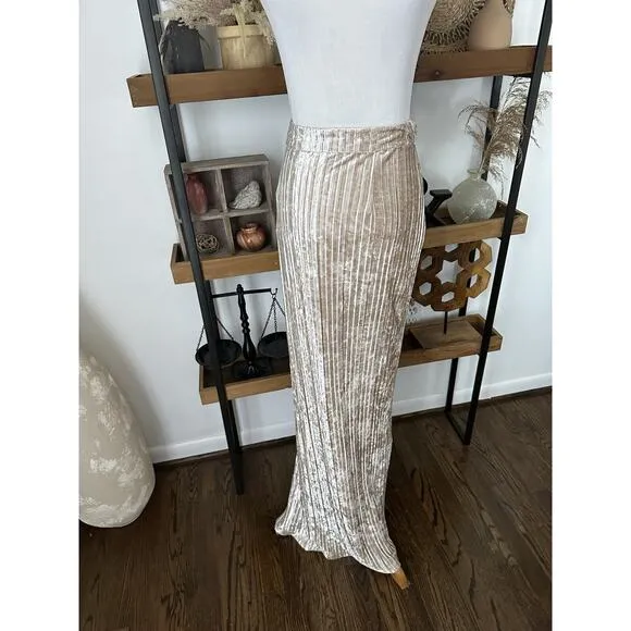 J Lux Label Size Small Velvet Pleated Champagne Hi Leg Slit Maxi Skirt