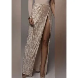 J Lux Label Size Small Velvet Pleated Champagne Hi Leg Slit Maxi Skirt