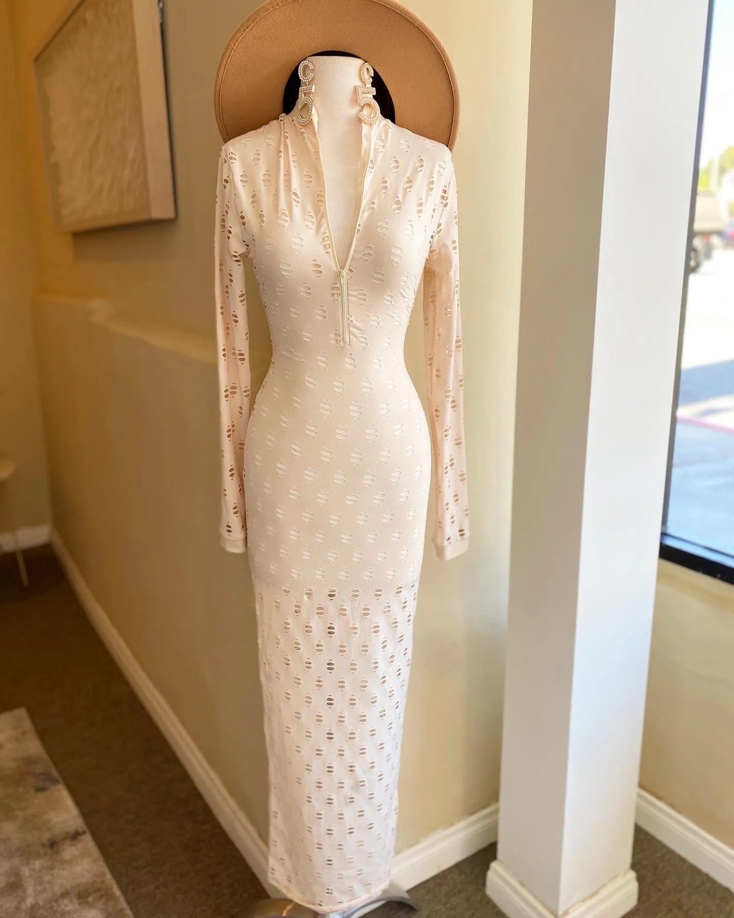Jacquard Long Sleeve Zipper Back Dress