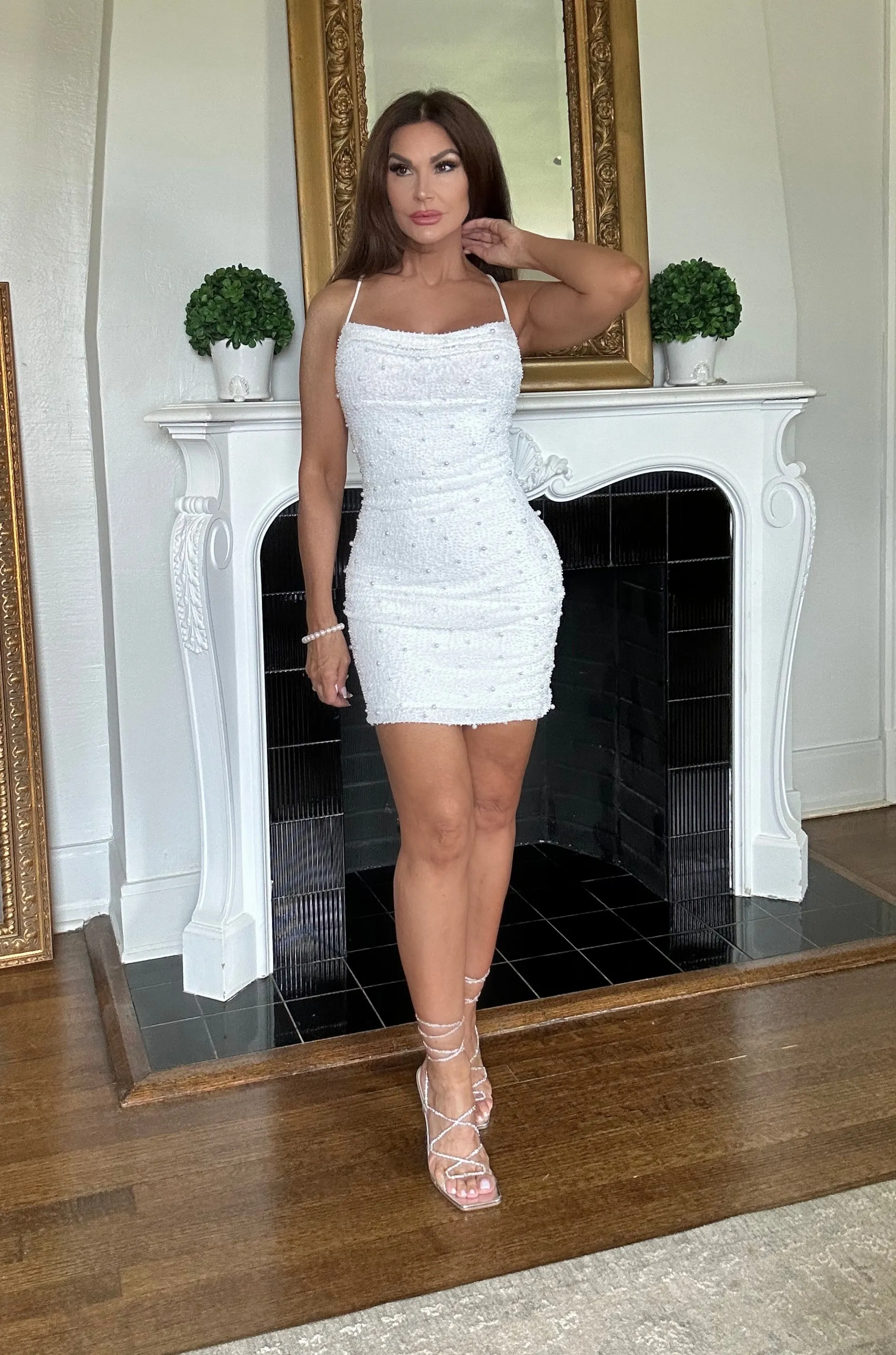 Kate ivory mesh spaghetti strap beaded mini dress