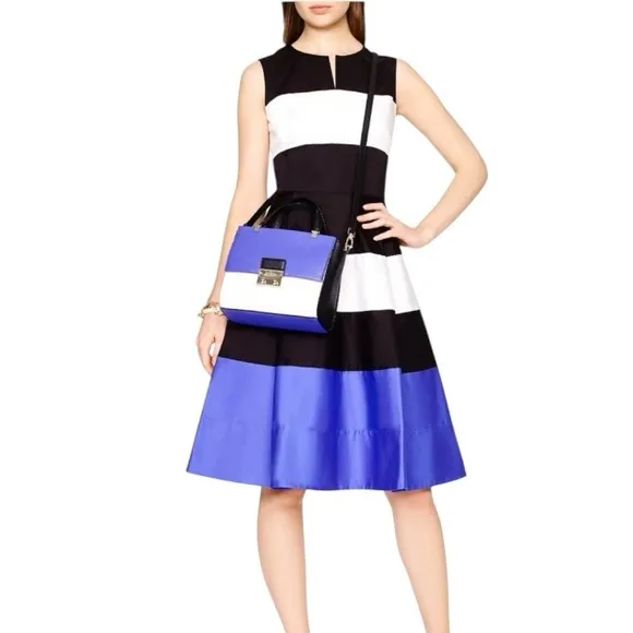 Kate Spade Corley Colorblock Black White and Blue Fit &amp; Flare Dress