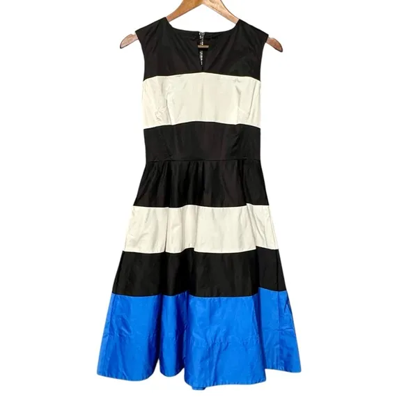 Kate Spade Corley Colorblock Black White and Blue Fit &amp; Flare Dress