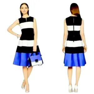 Kate Spade Corley Colorblock Black White and Blue Fit &amp; Flare Dress