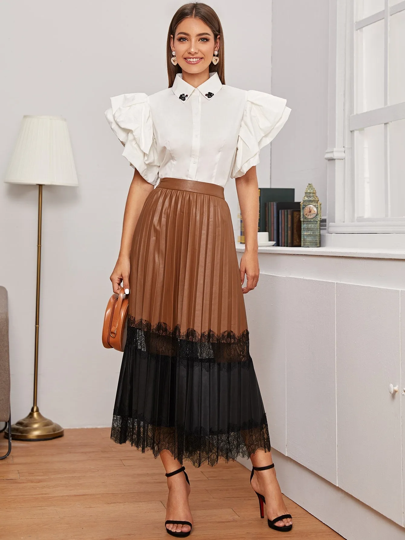 Lace & Leather Pleated Skirt