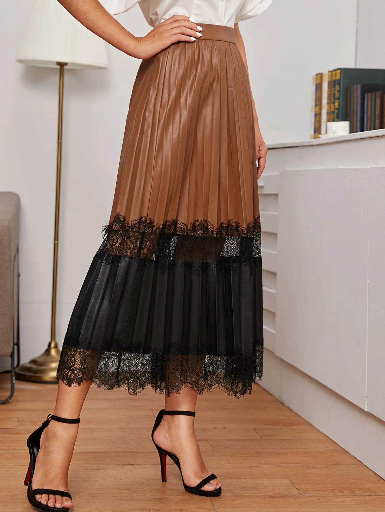 Lace & Leather Pleated Skirt