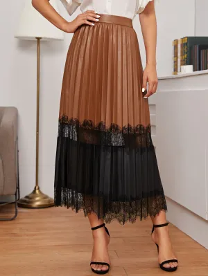 Lace & Leather Pleated Skirt